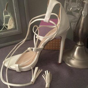 White lace-up tassle heels